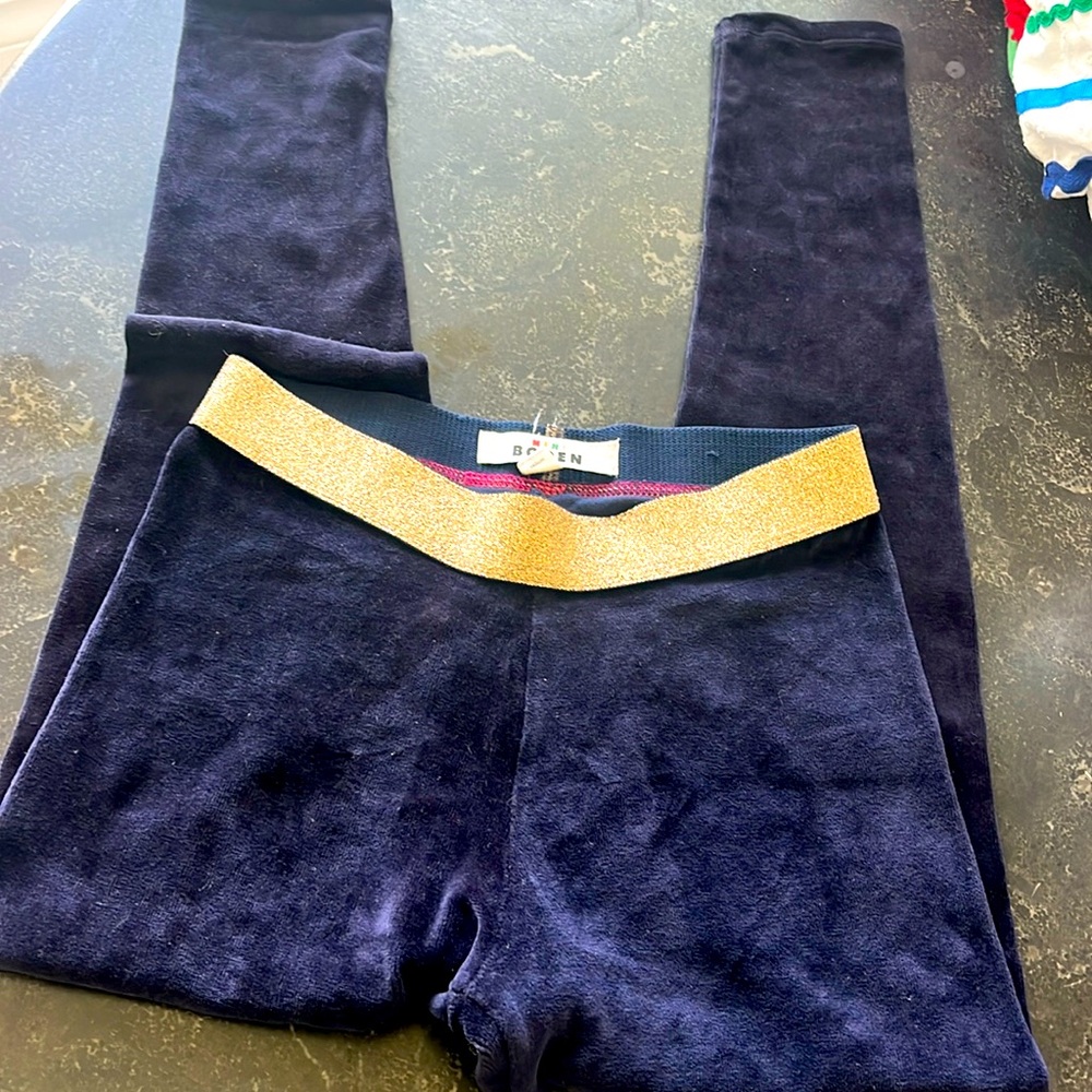 EUC Mini Boden Blue velvety 78% cotton sparkly gold waistband leggings 9–10Y